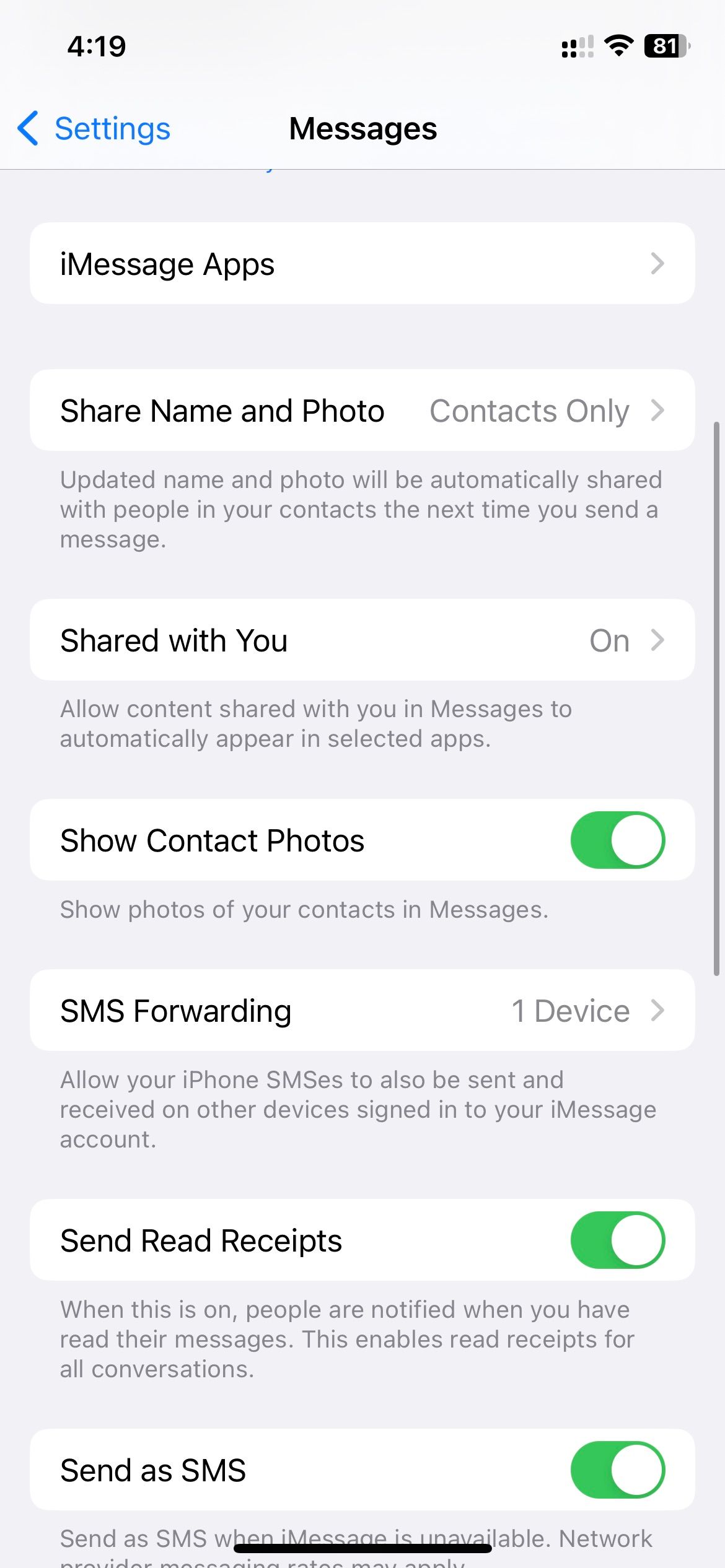 Message settings on iPhone