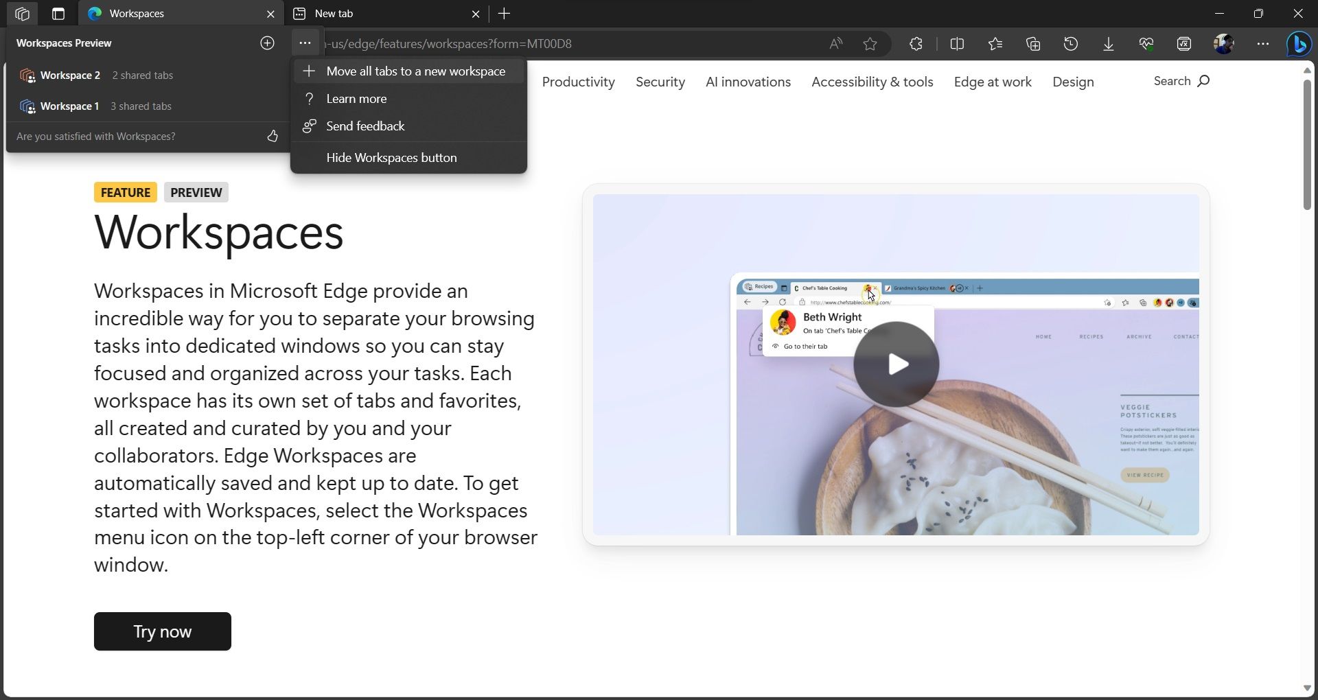 Microsoft Edge Create New Workspaces Move all Tabs to Workspace