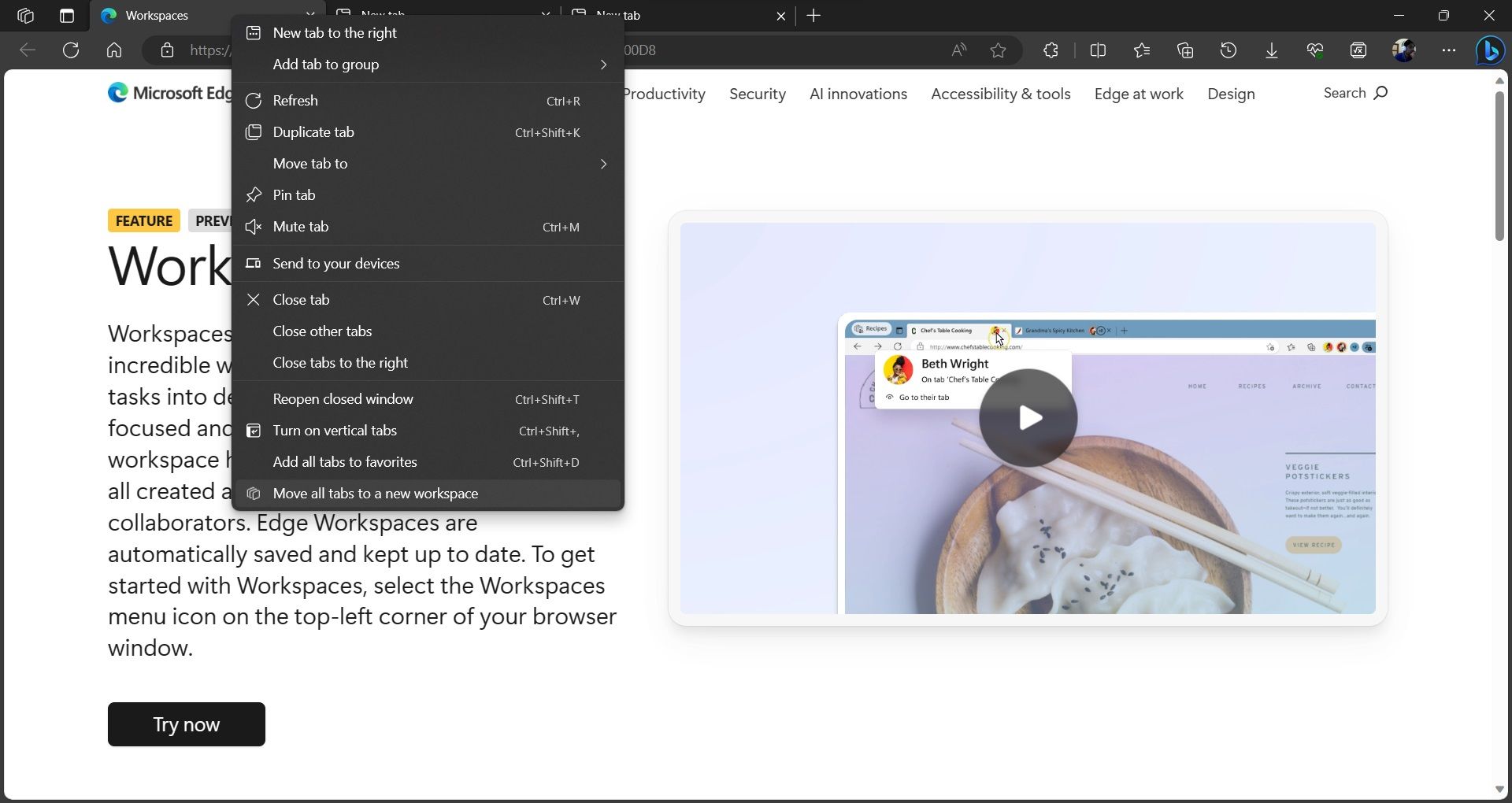 Microsoft Edge Create New Workspaces Move all Tabs to New Workspace