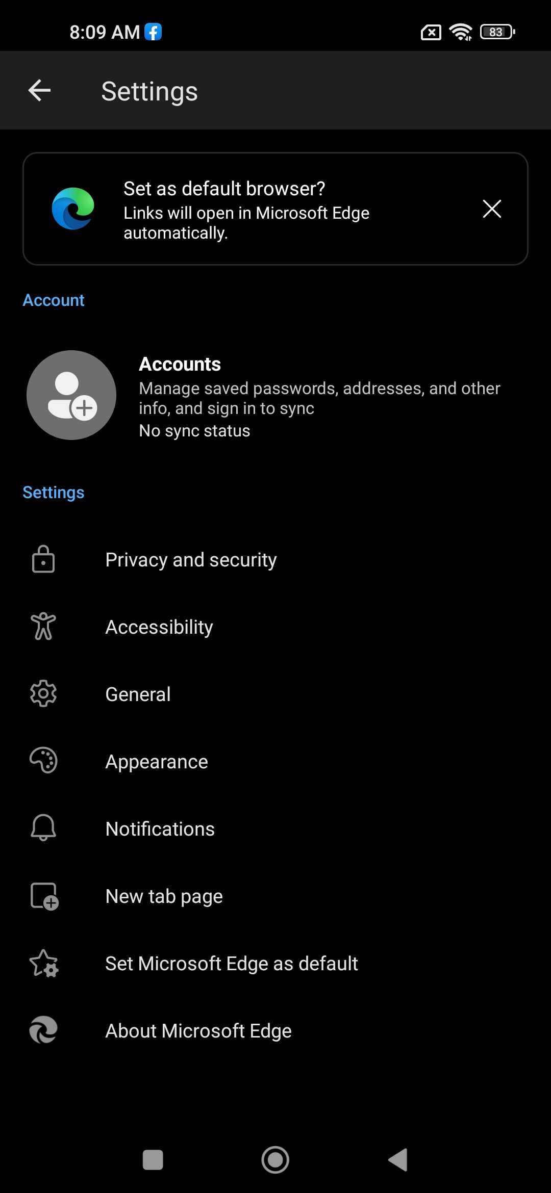 Microsoft Edge Settings menu