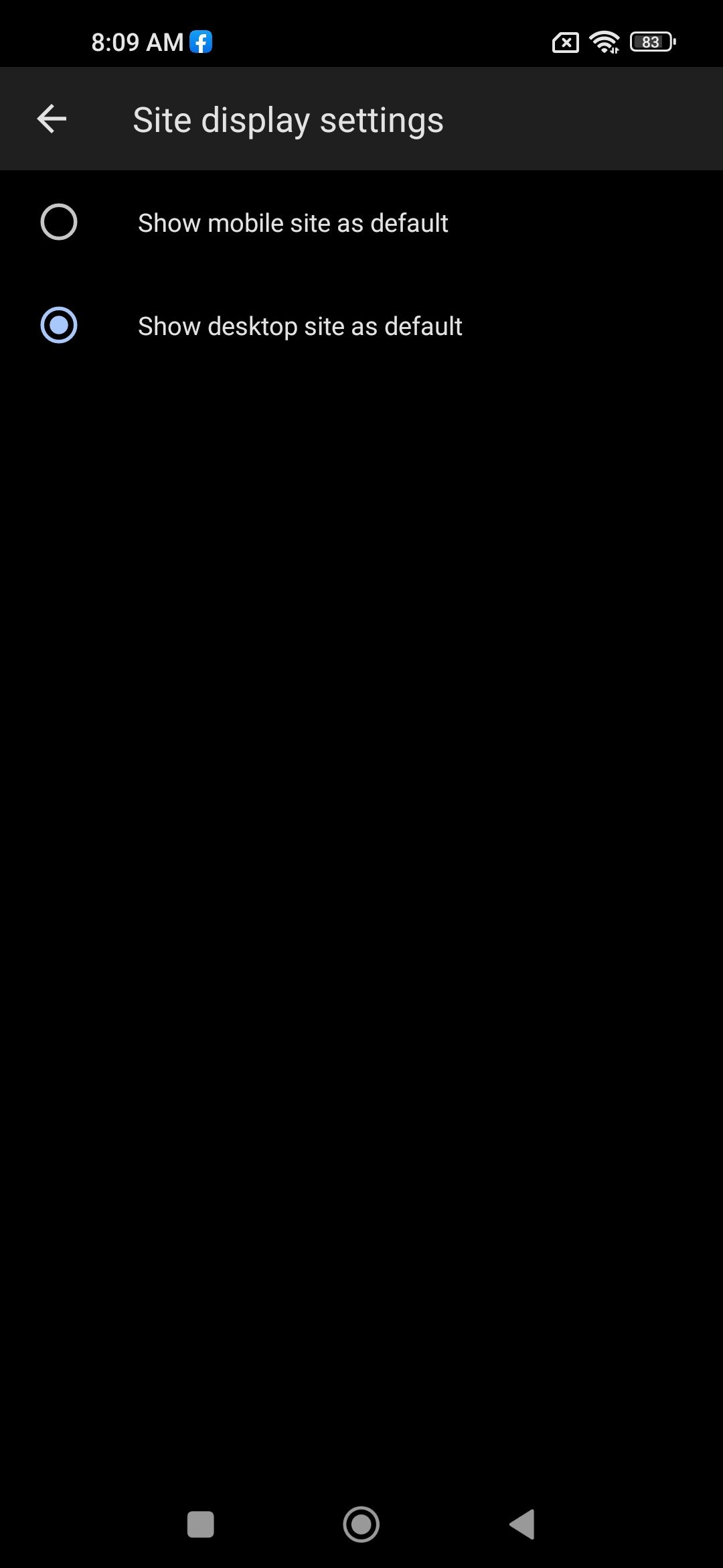Microsoft Edge mobile browser showing Site display settings