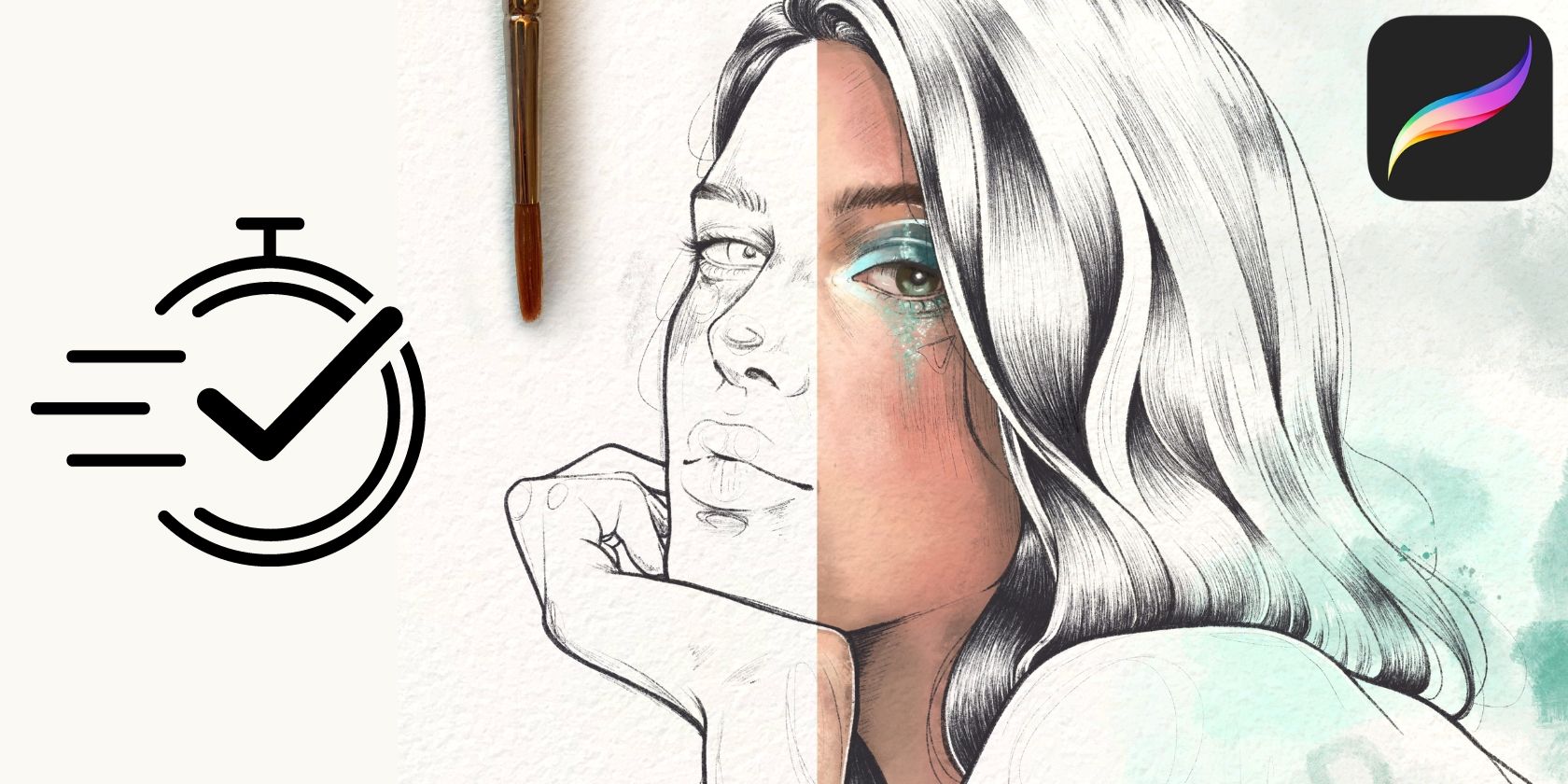 An illustration of a girl's face, half sketched and half painted, next to a video icon and procreate app icon.