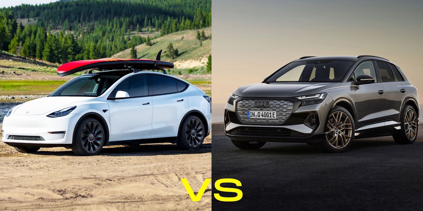 Tesla Model Y (with a surfboard on its roof) side by side with a grey Audi Q4 e-tron