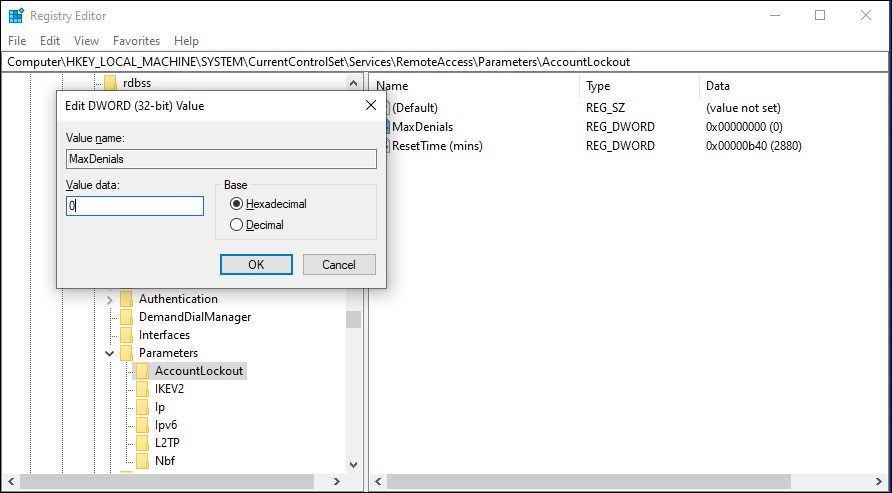 измените значение DWORD реестра Maxdenials в редакторе реестра