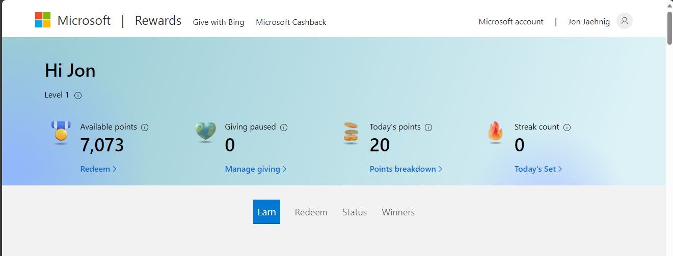 Pagina de pornire Microsoft Rewards