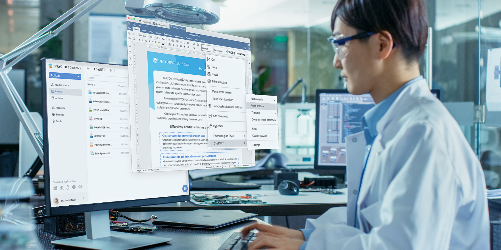 Man in Lab Coat Using ONLYOFFICE DocSpace on Computer