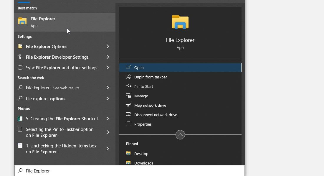 Opening File Explorer via the Start menu search bar