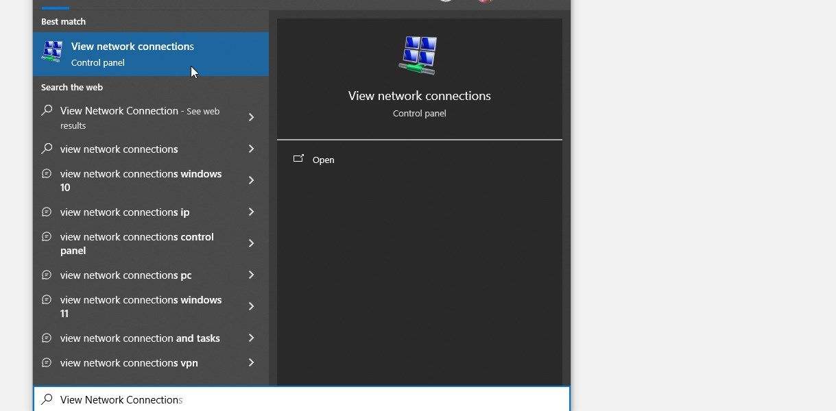Opening the Network Connections Tool via the Start menu search bar