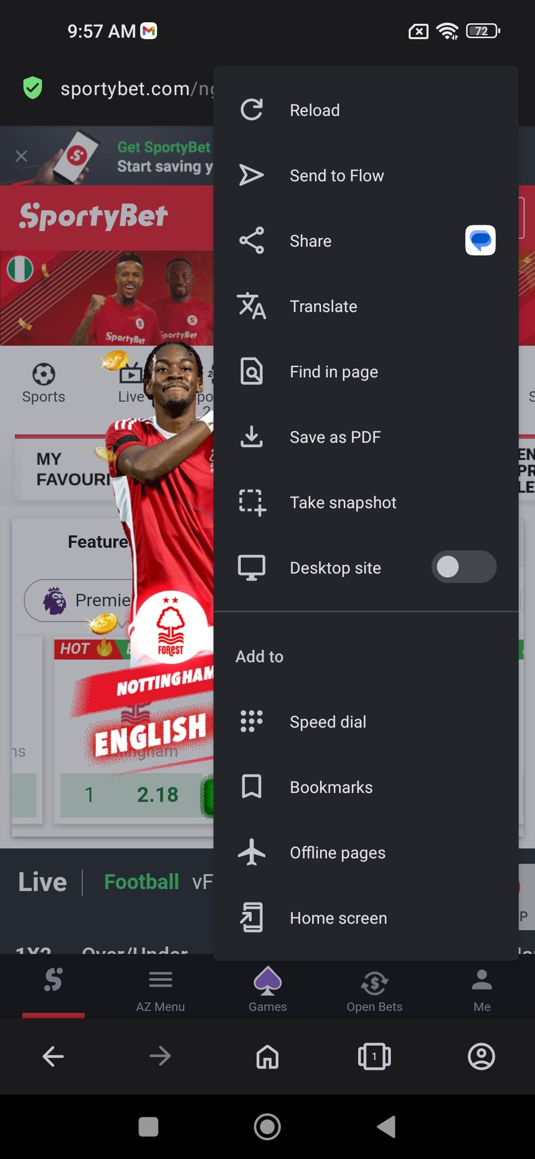Opera Browser showing menu options