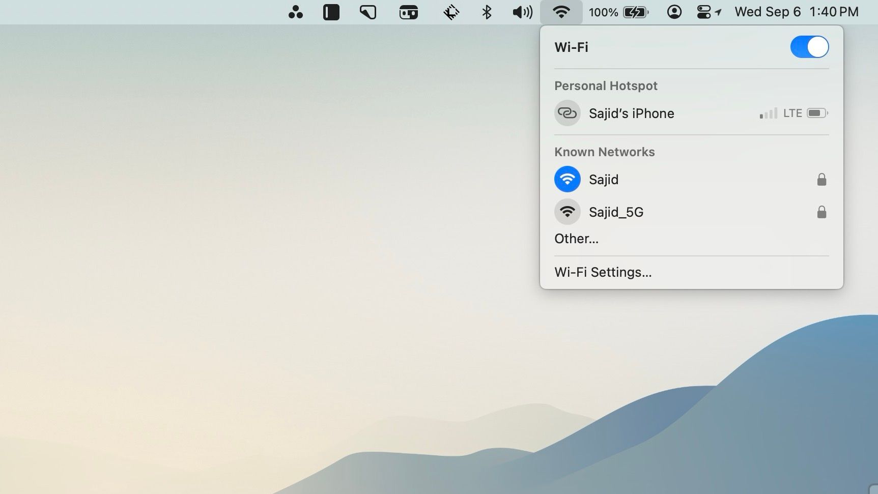 Hotspot pessoal no menu Wi-Fi do Mac