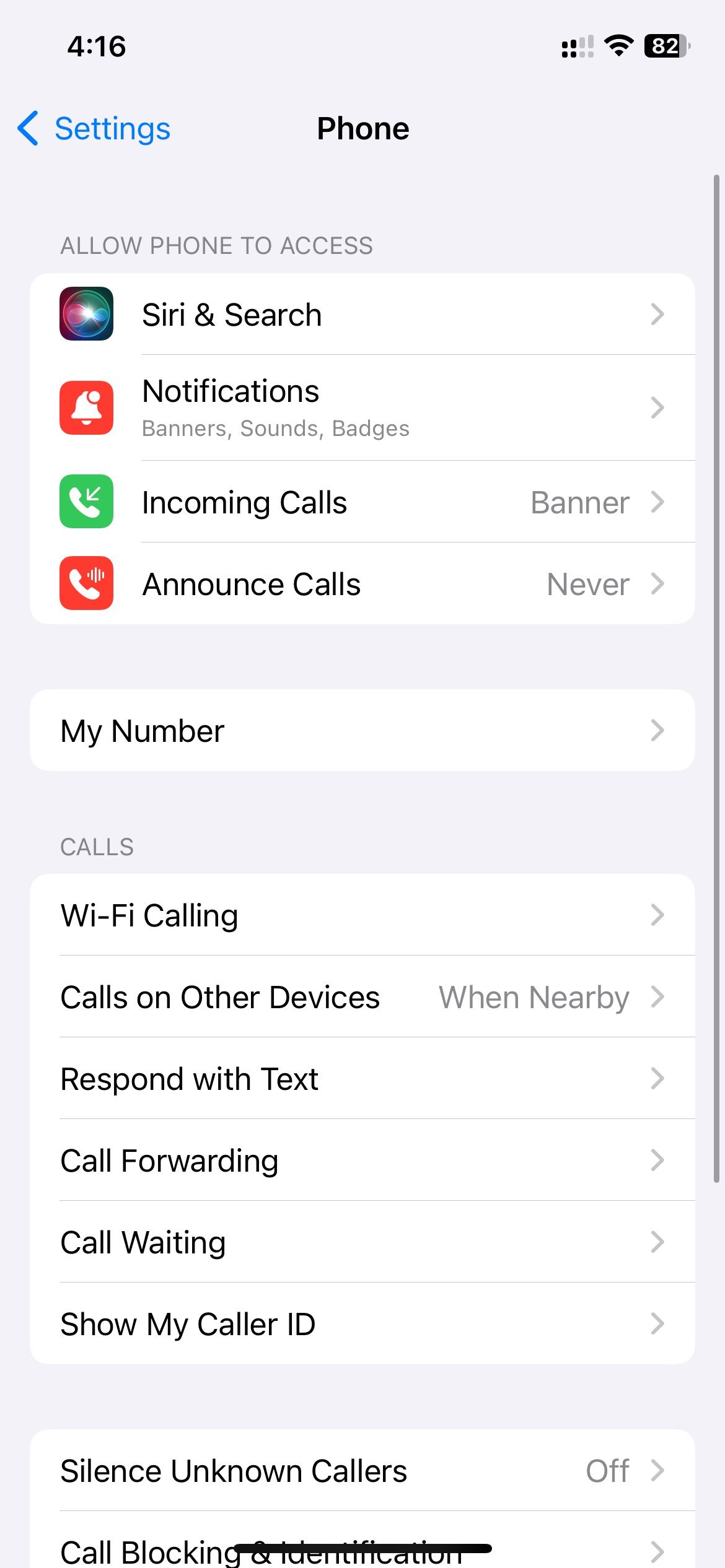 Phone settings in iOS