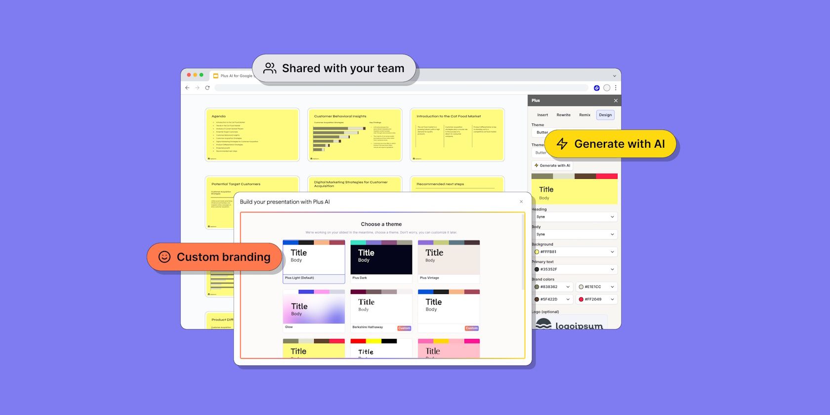 custom presentations built with Plus Ai shown on purple background
