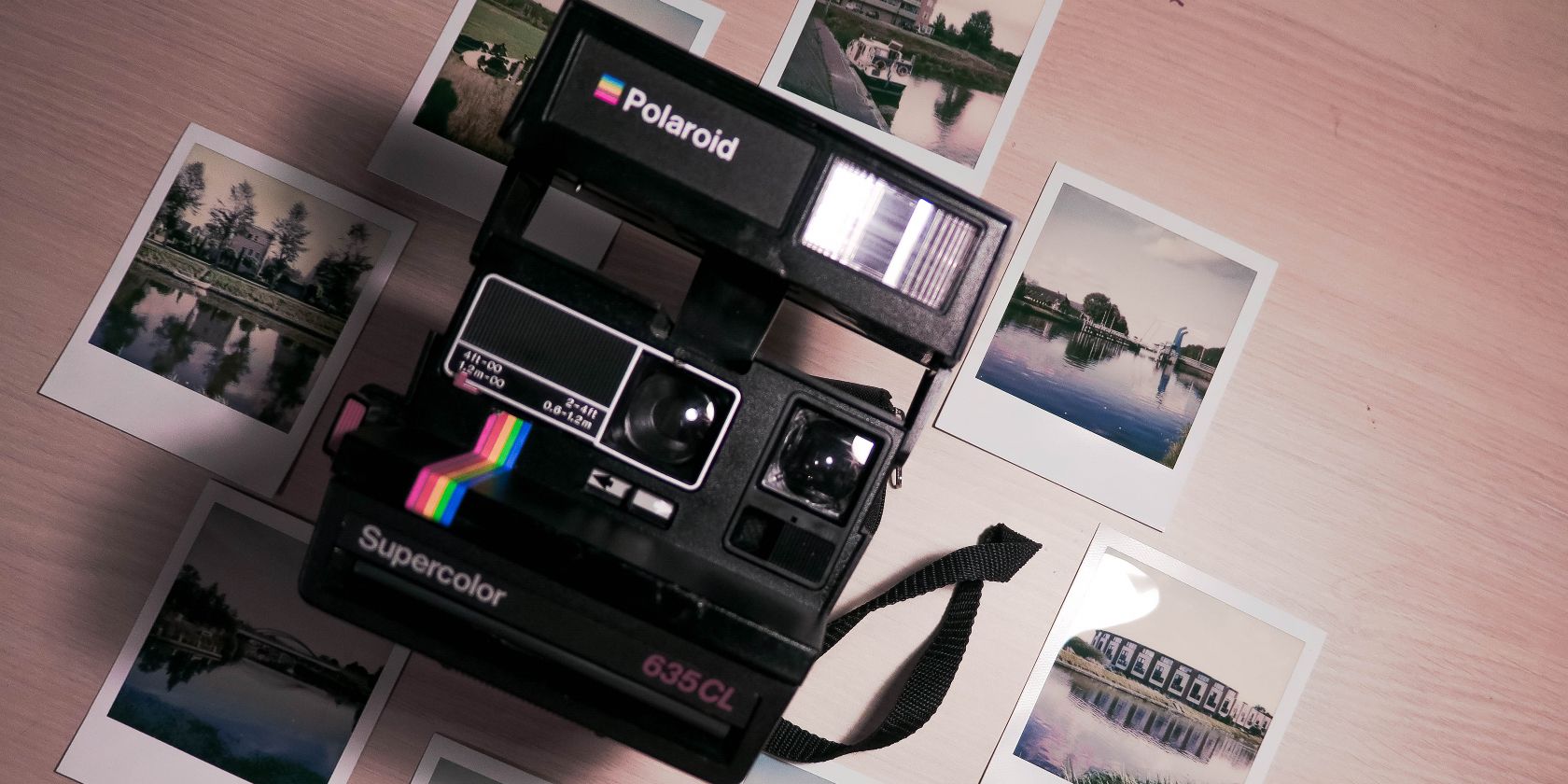 a polaroid camera and printed photos on a table