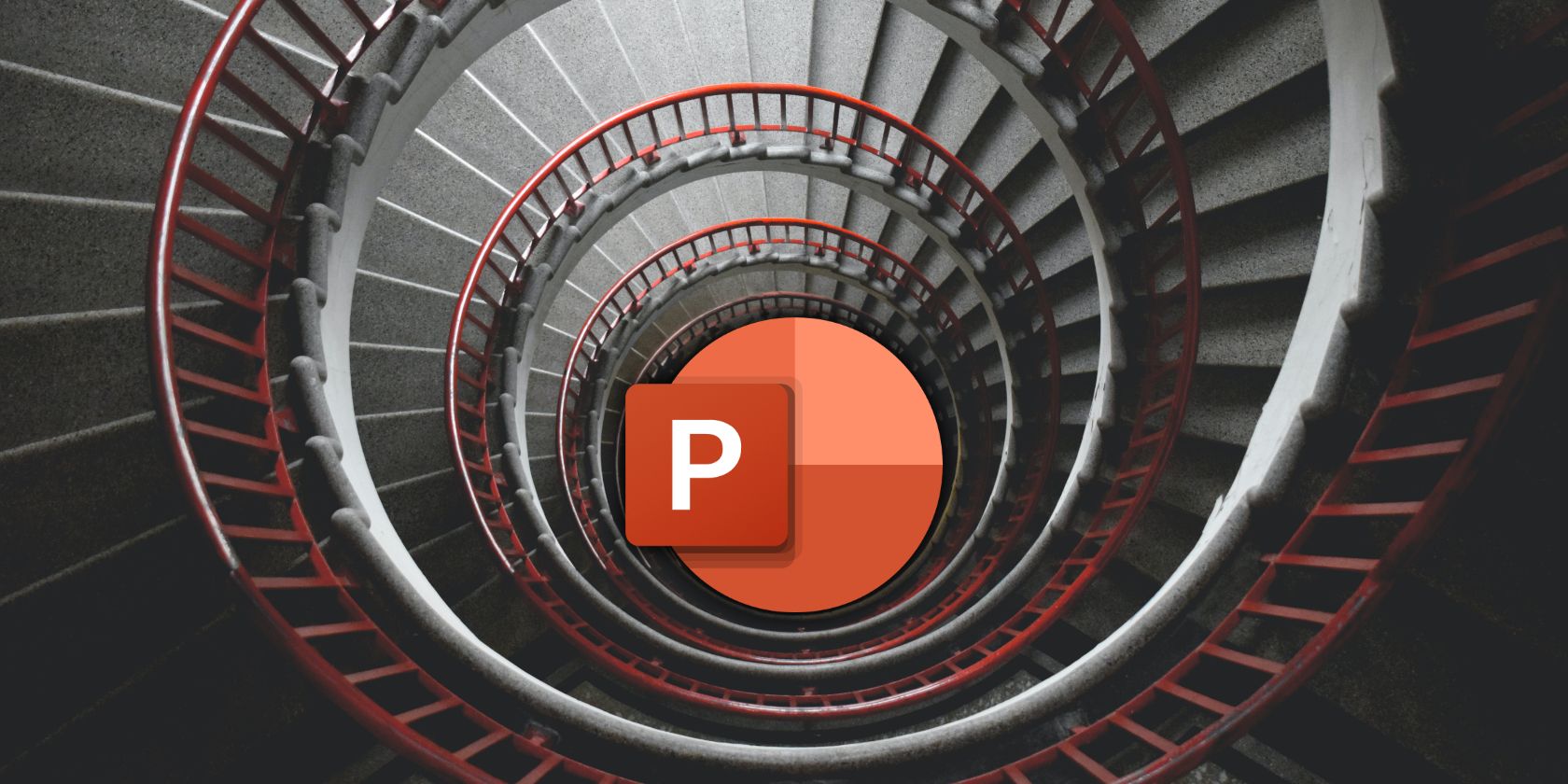 An illustrative image of the PowerPoint logo inside a spiraling staircase.