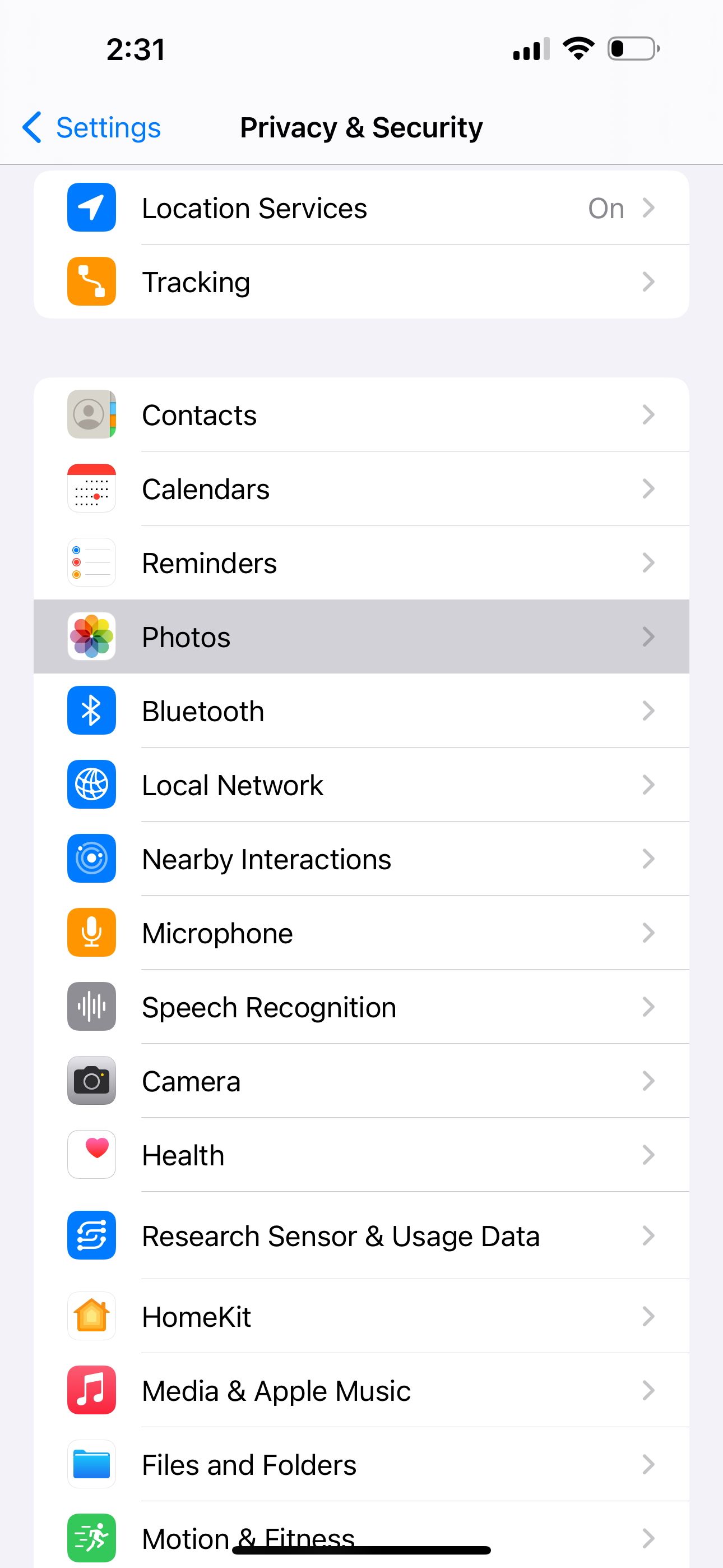 Privacy and Security settings in iOS