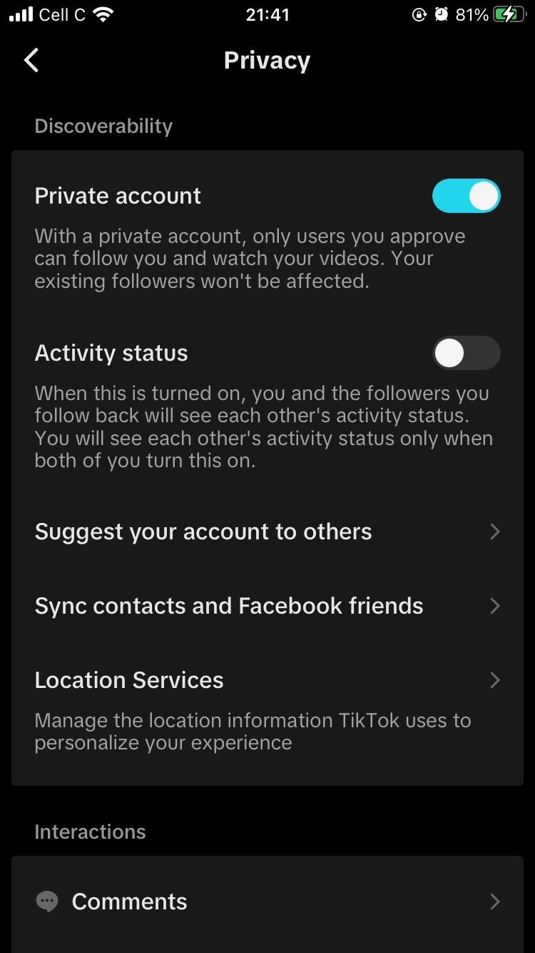 حساب خصوصی در تنظیمات حریم خصوصی TikTok در تلفن همراه فعال است
