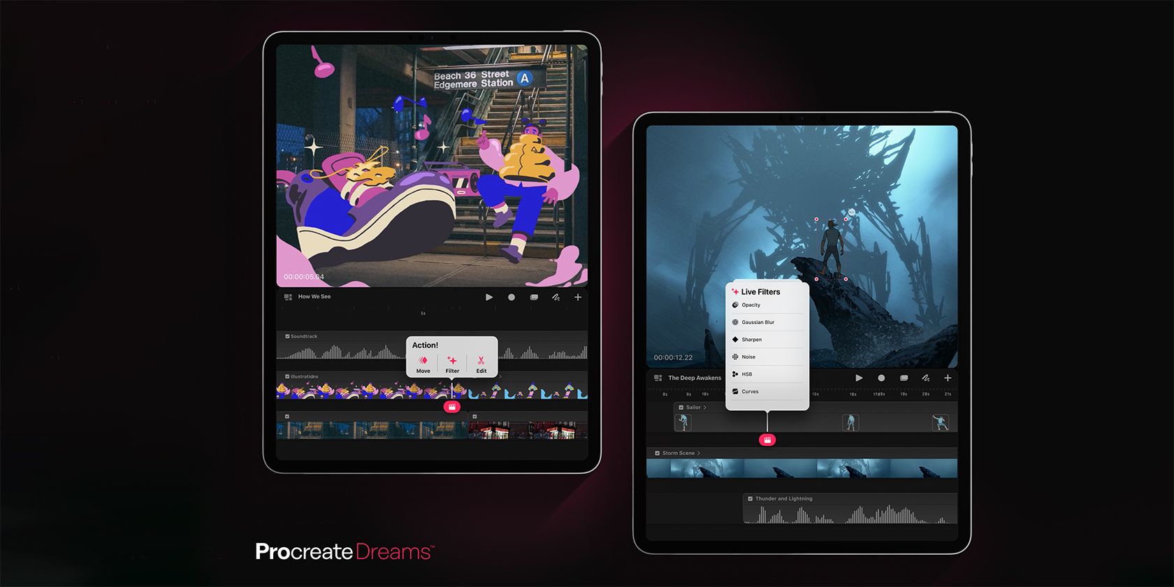 Procreate Dreams on two iPad screens.