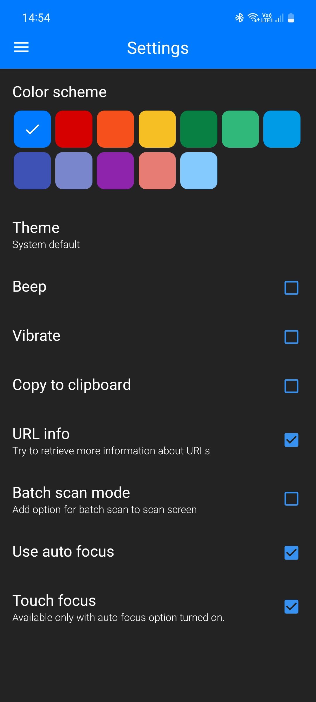 QR & Barcode Scanner app Settings menu