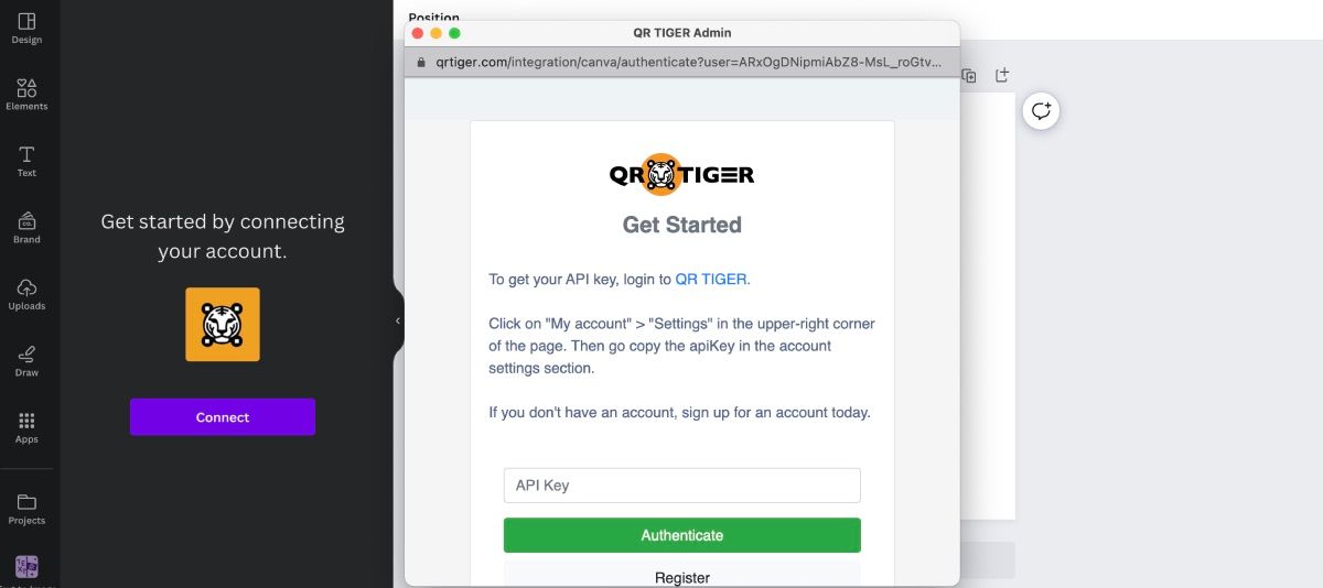 برنامه QR Tiger در صفحه ویرایشگر Canva باز می شود