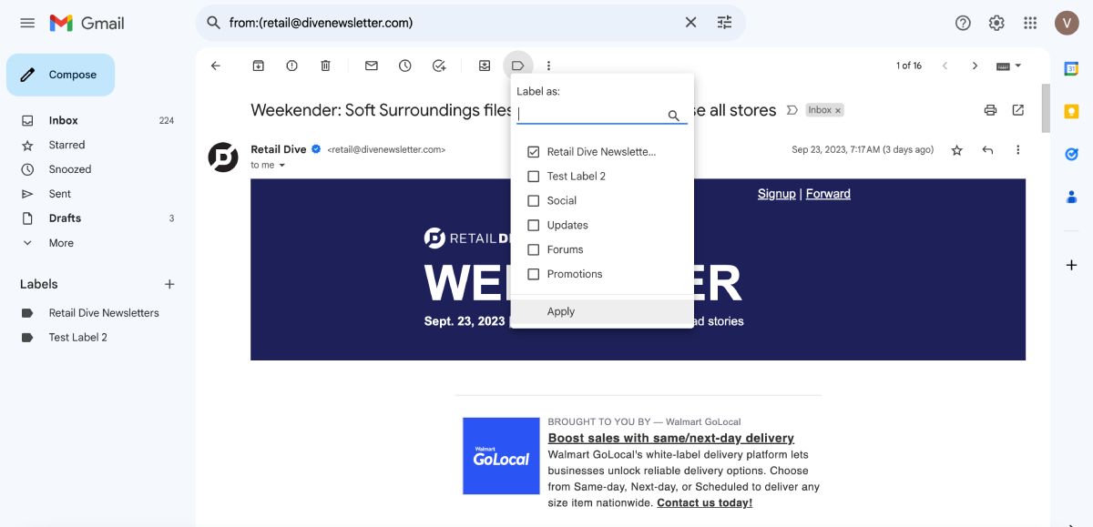 Redirecționarea buletinelor informative către dosare folosind etichete Gmail