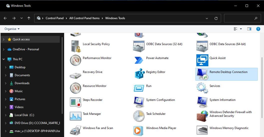 The Remote Desktop Connection app in the Windows Tools folder