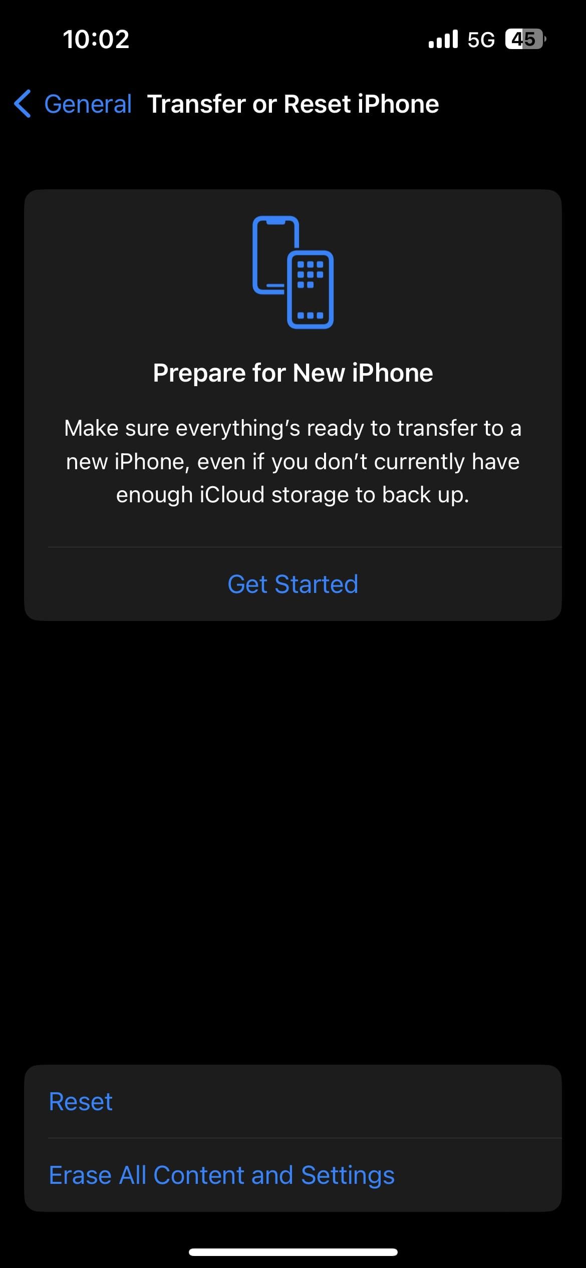 Reset option on iPhone