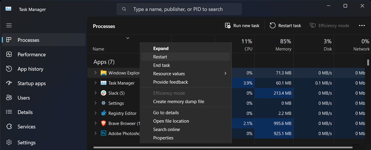 Reinicie o File Explorer para reposicionar a barra de tarefas