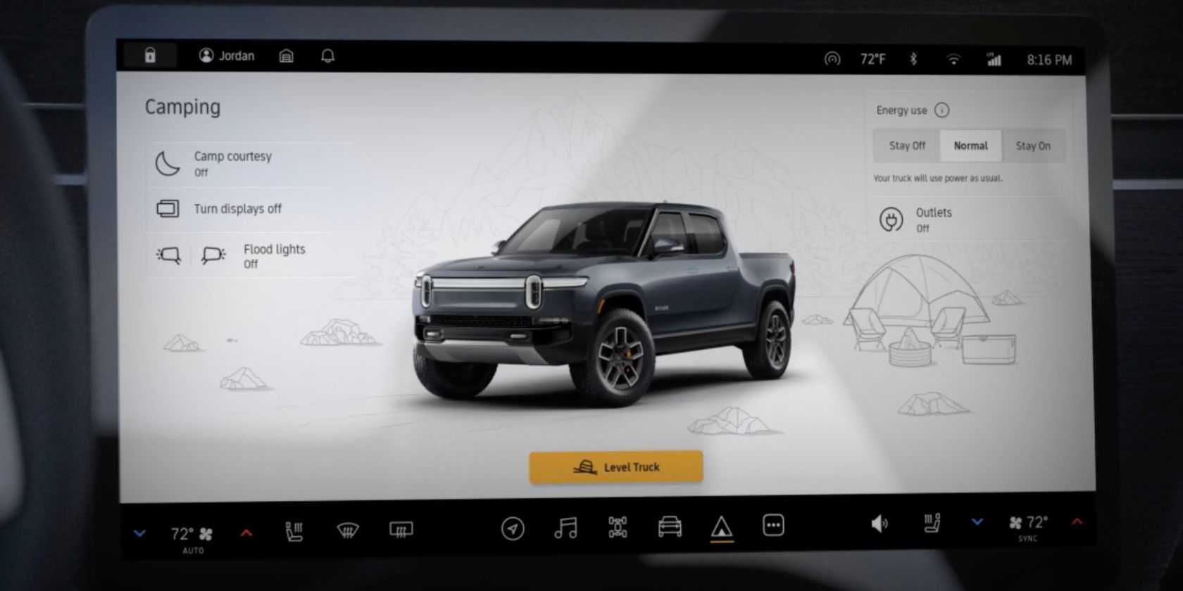 گزینه های Rivian Camp Mode روی صفحه لمسی.