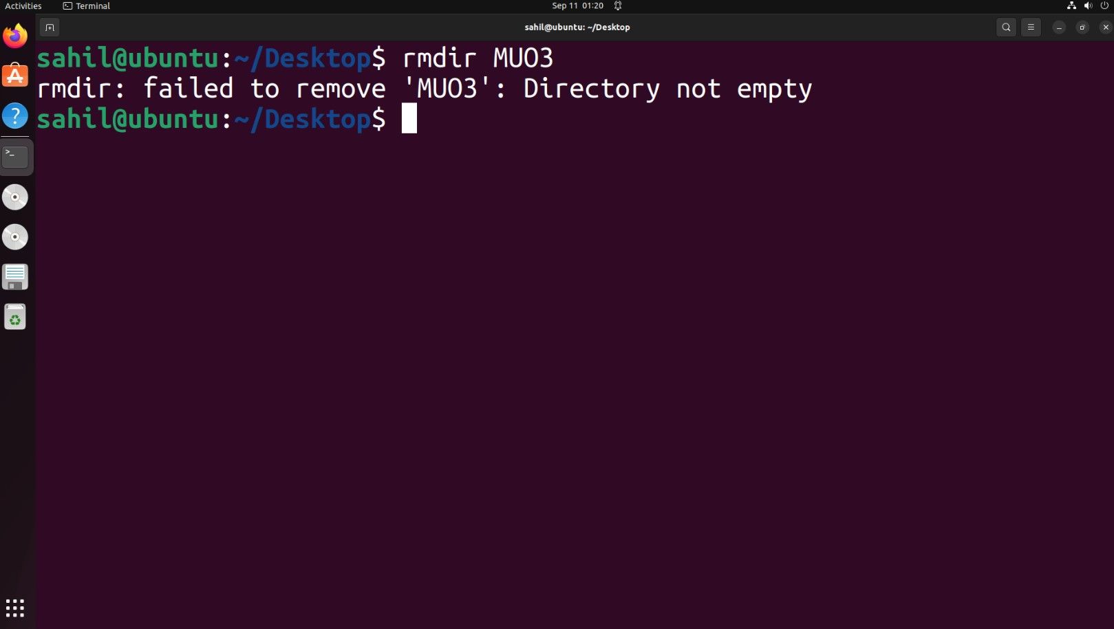 mensagem de erro rmdir no terminal Ubuntu