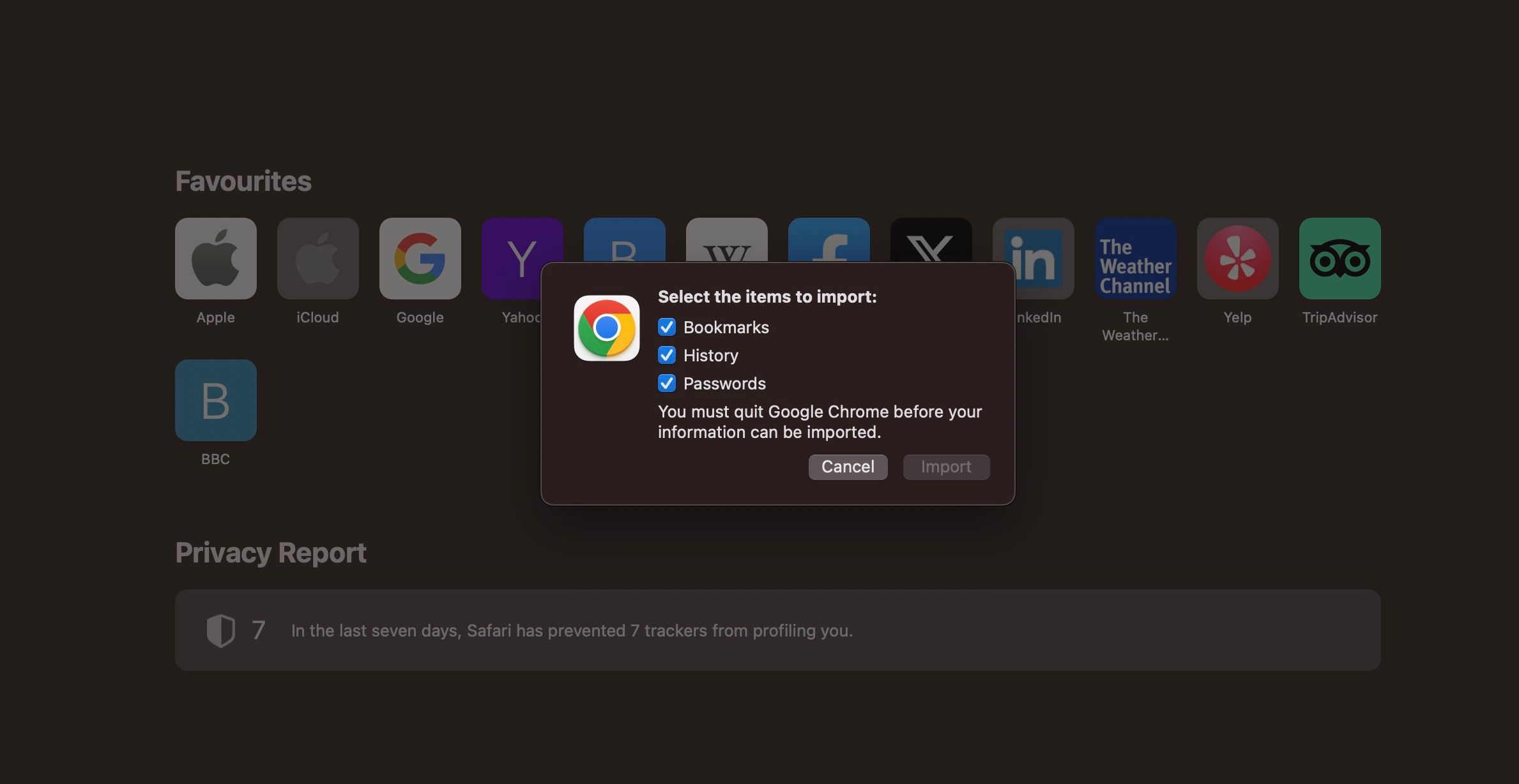 captură de ecran a elementelor selectate pentru a fi importate din Chrome în Safari