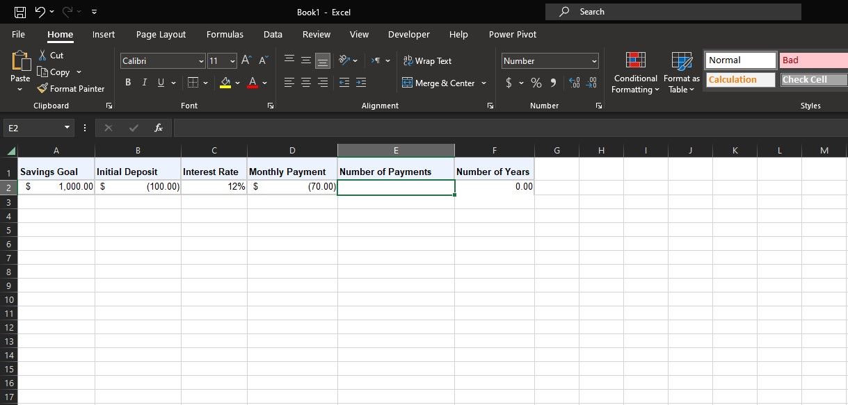 Sample Excel sheet for calculating savings with NPER