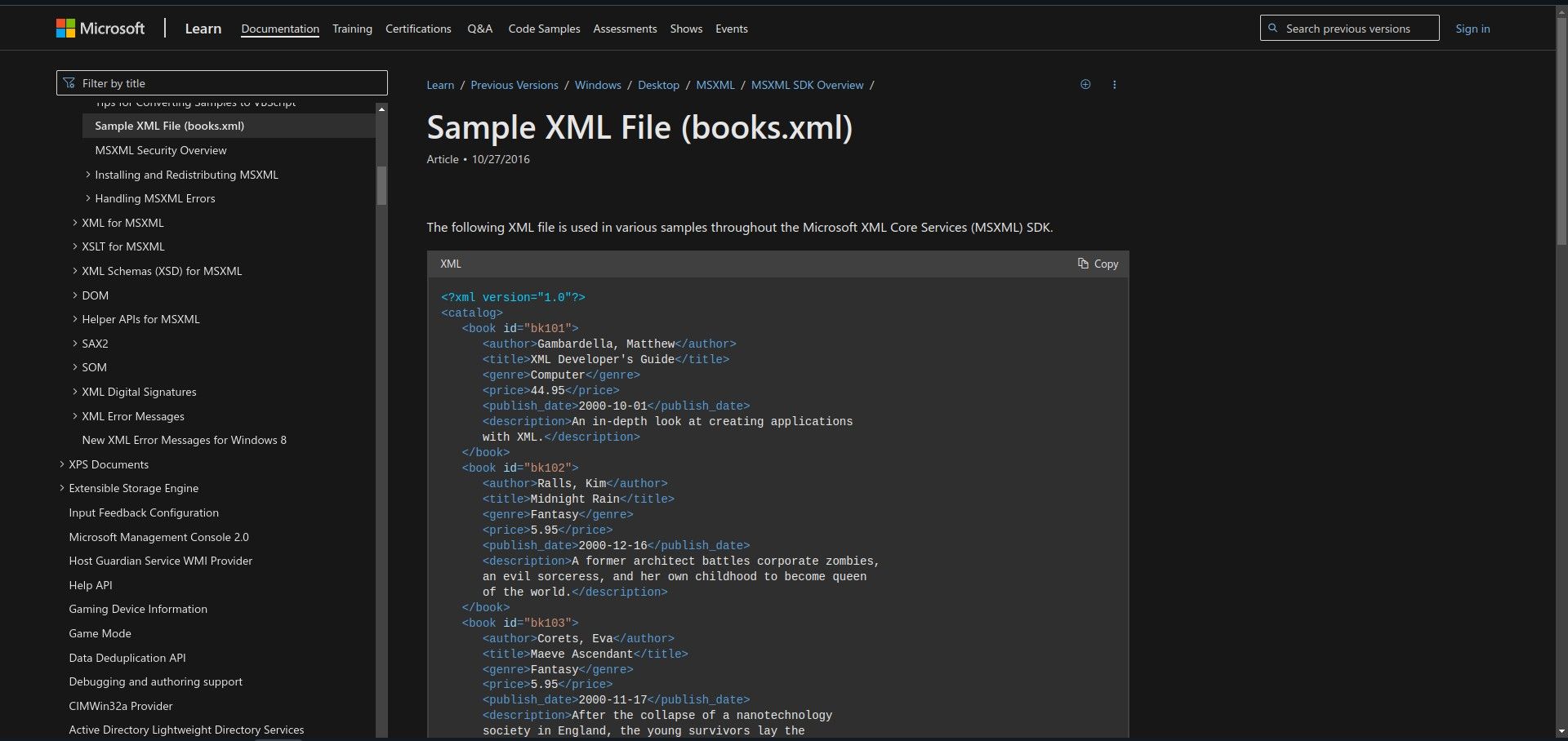 sample XML file from Microsoft