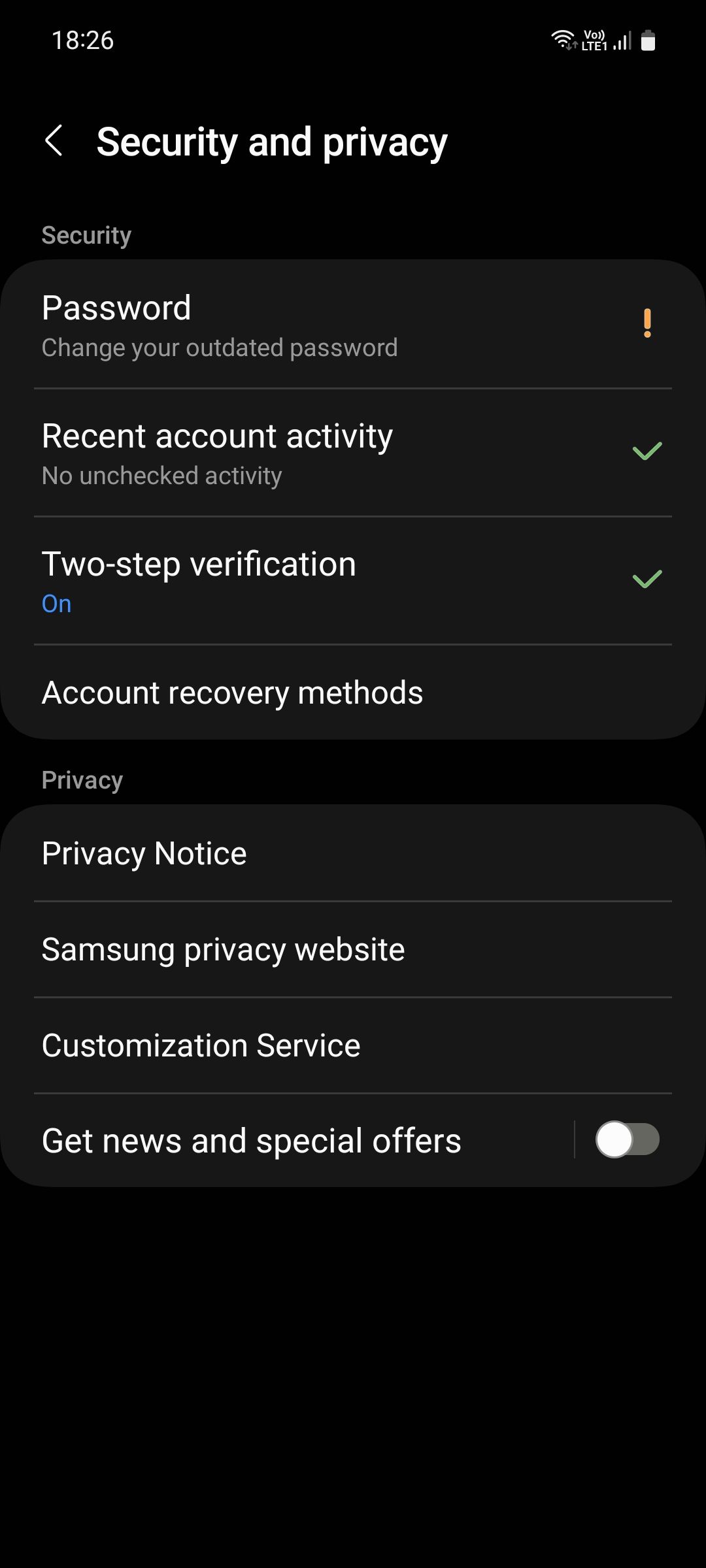 Samsung account Security and privacy menu