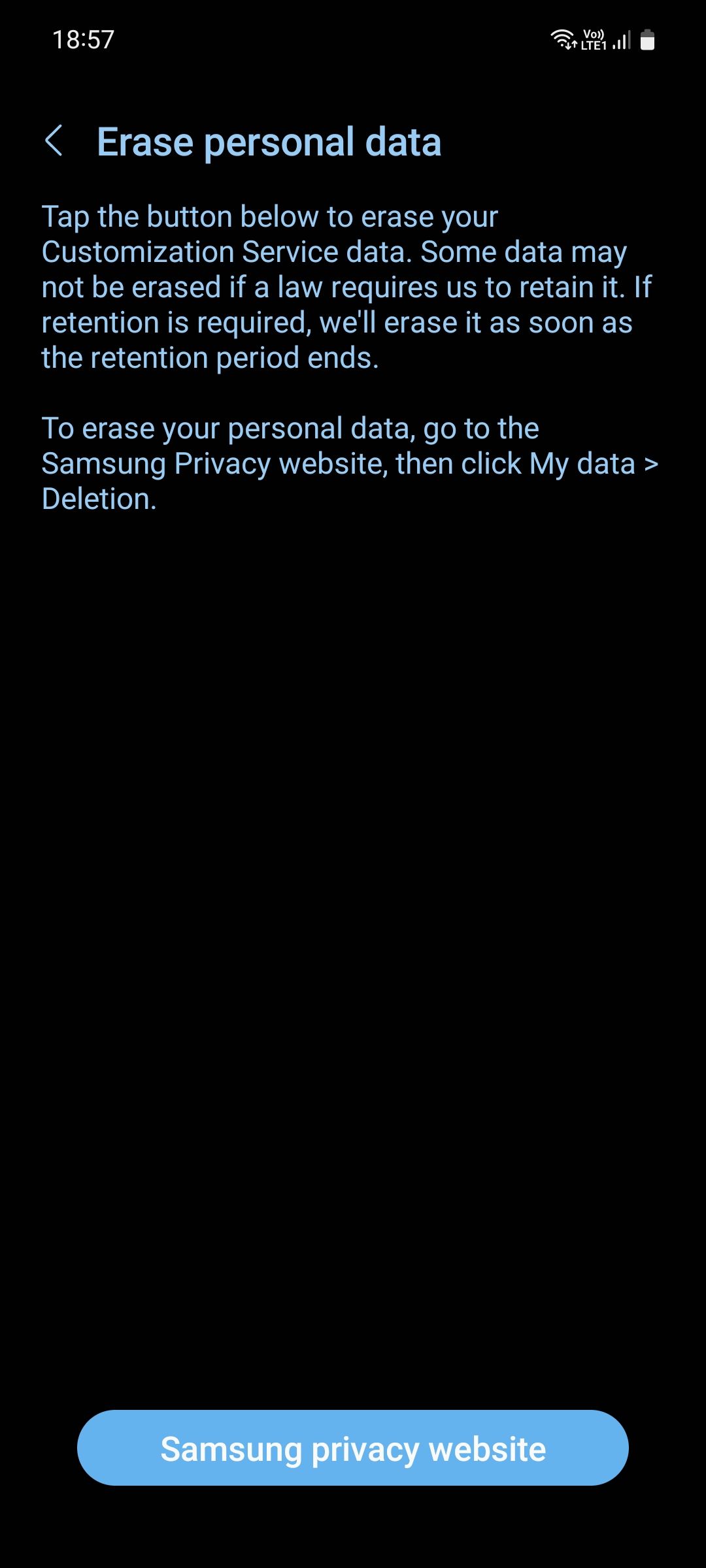 Samsung Erase personal data menu
