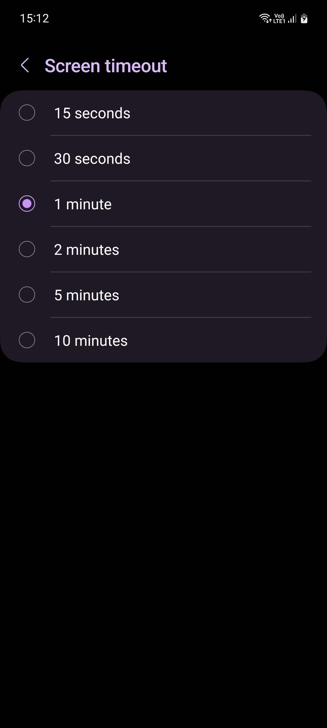 Samsung One UI Screen timeout menu