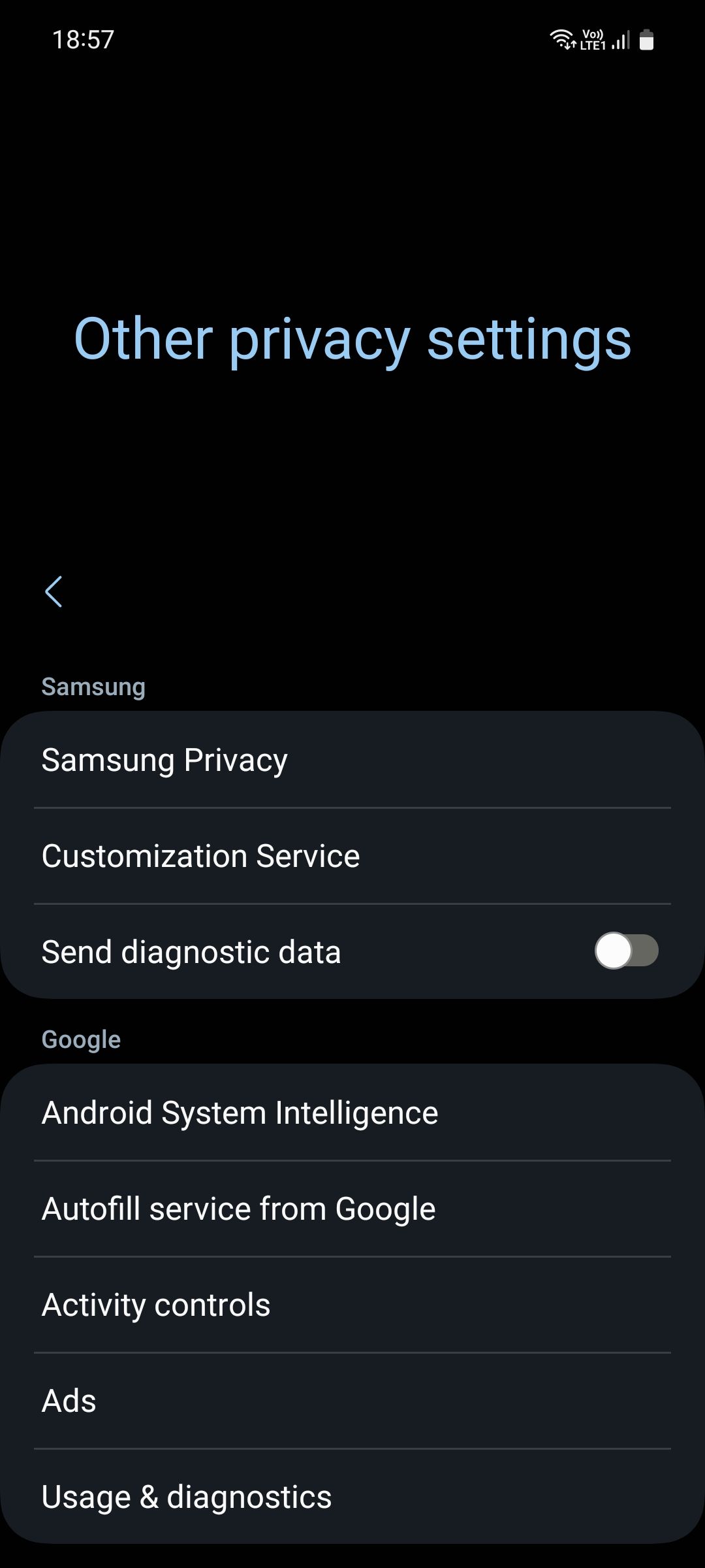 Samsung Other privacy settings menu