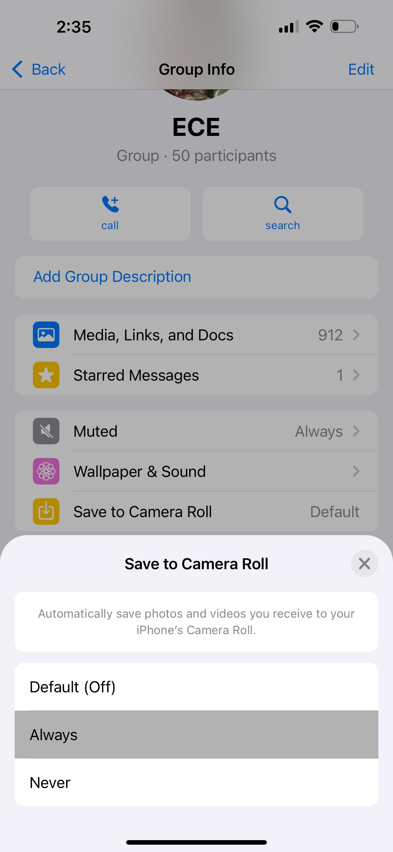 Save to Camera Roll setting for WhatsApp group