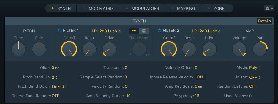 Synth Pane در Sampler در Logic Pro