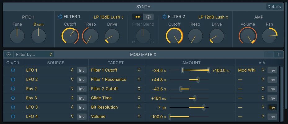 Mod Matrix و Synth Panes در Sampler در Logic Pro