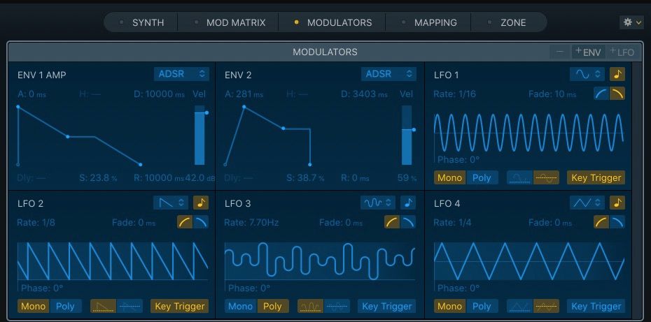 تعدیل‌کننده‌ها LFO را در Sampler در Logic Pro نشان می‌دهند