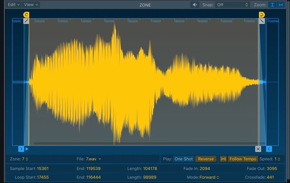 صفحه Zone در Sampler در Logic Pro