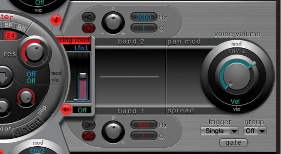 Seção de volume de voz na interface Ultrabeat Drum Machine do Logic Pro