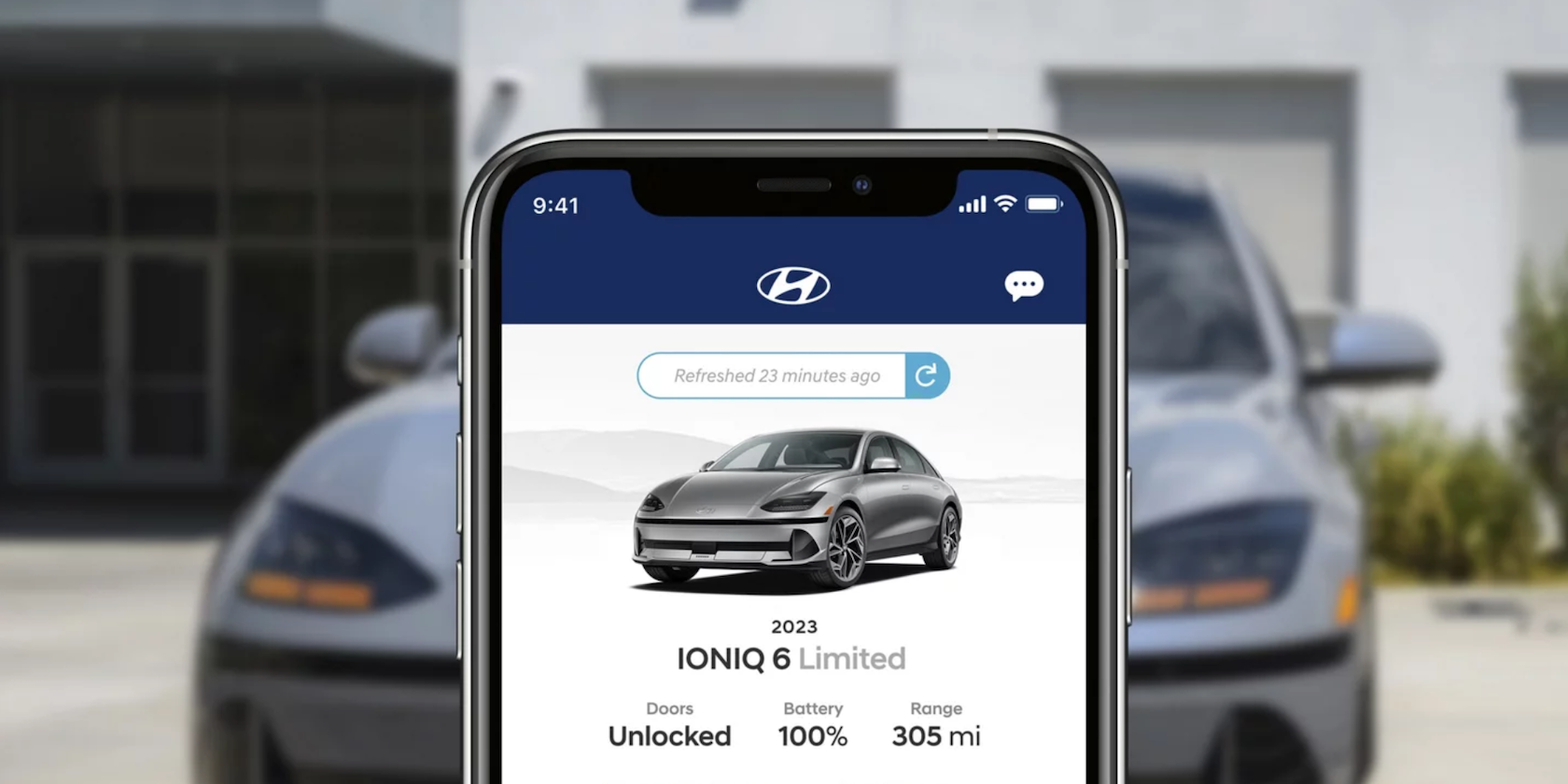 Hyundai Bluelink app being shown on mobile phone, with Ioniq 6 car in the back