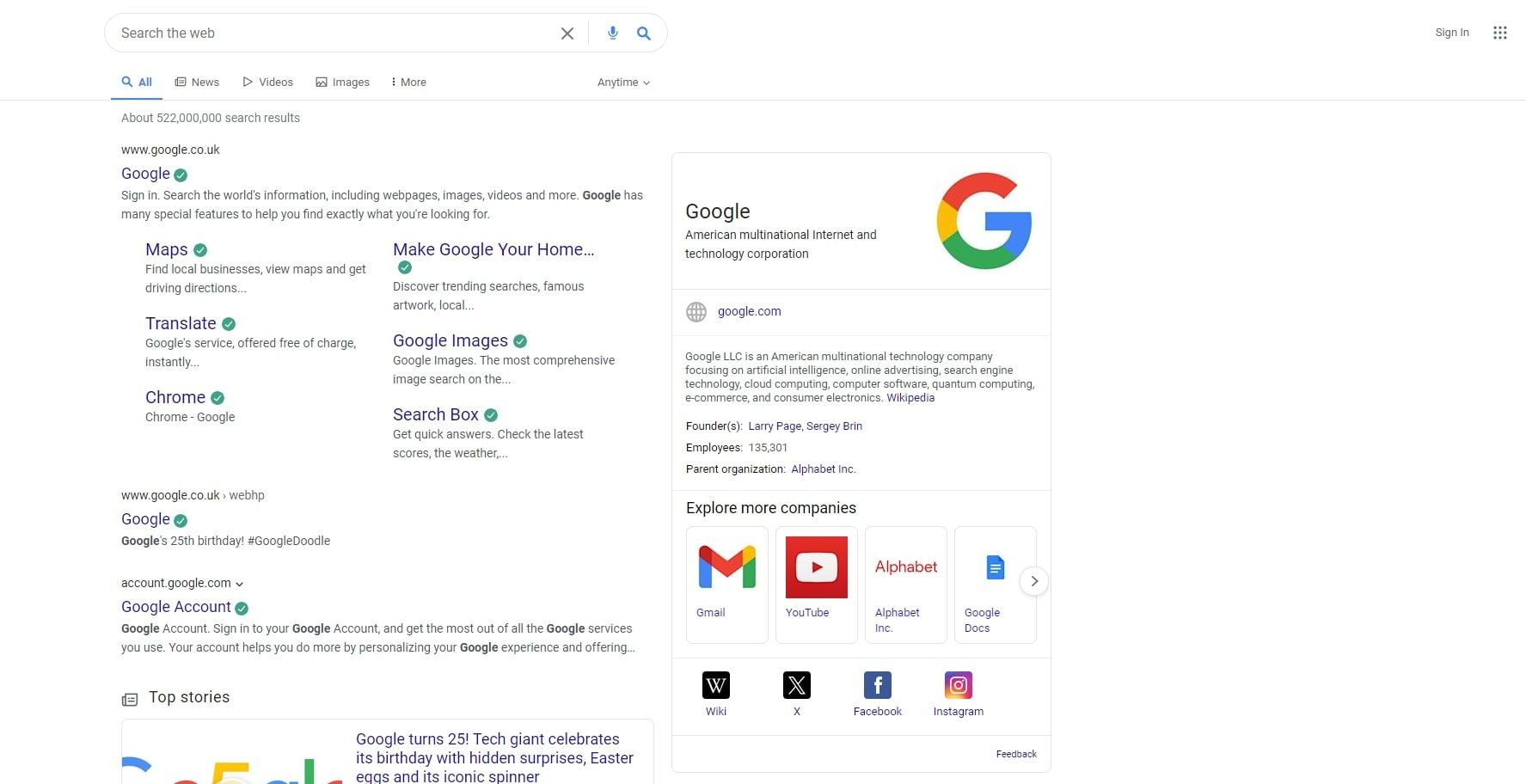 captură de ecran a rezultatului căutării Google în browserul Chrome