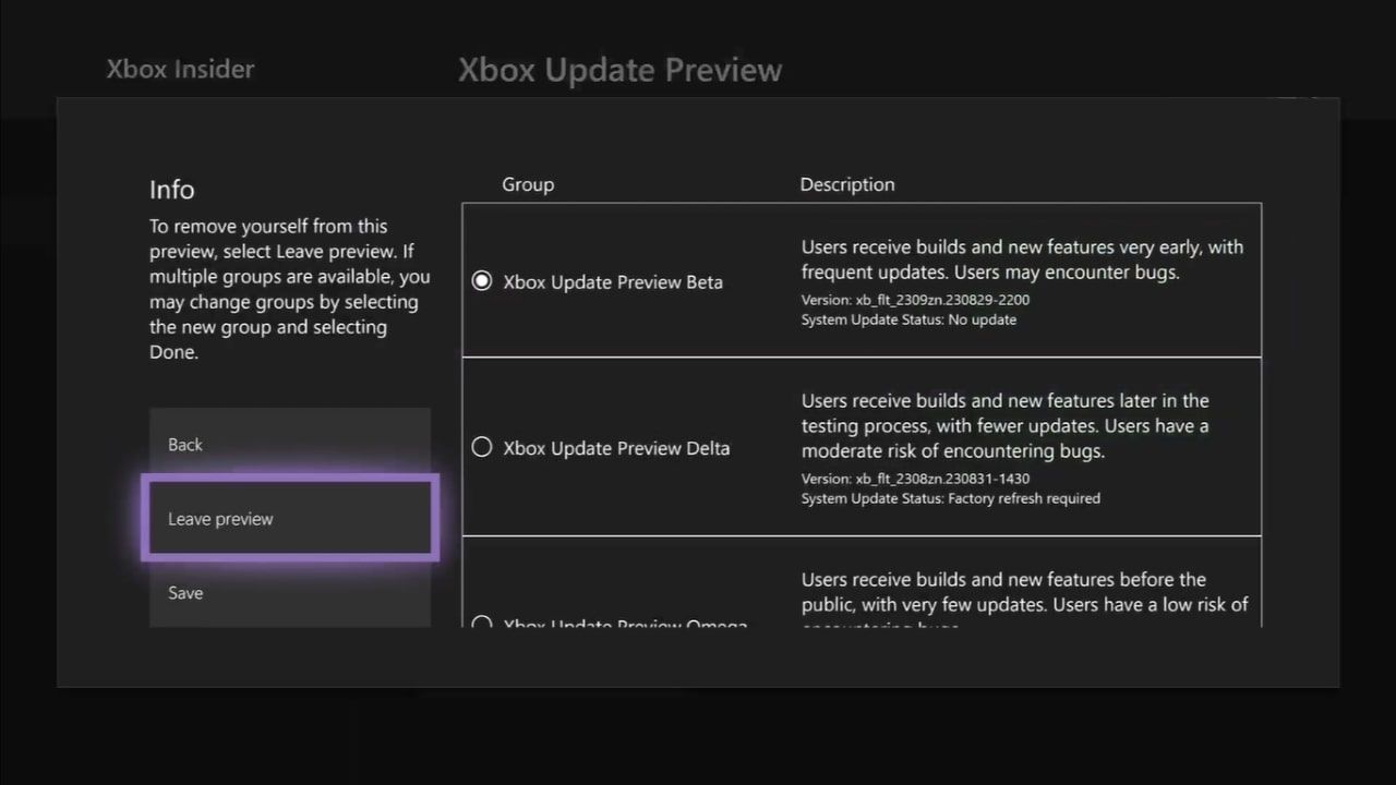 تصویری از گزینه Leave Preview برای پیش‌نمایش به‌روزرسانی Xbox در Xbox Series X