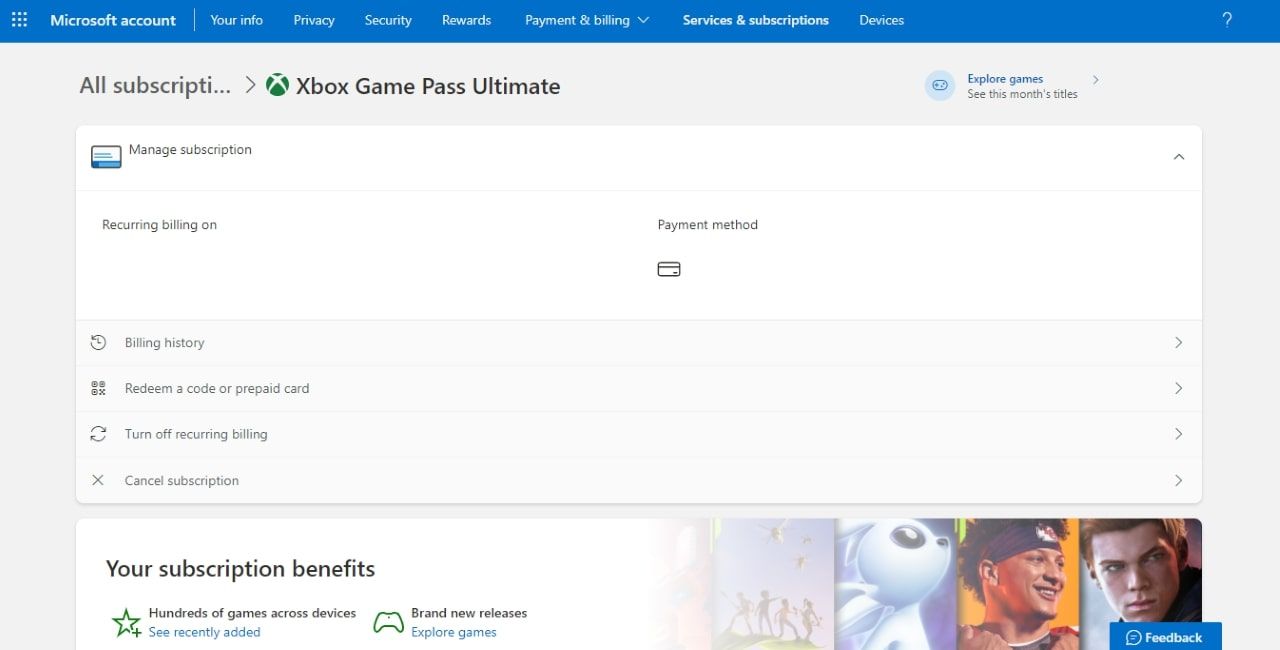 A screenshot of the Microsoft Account options for an Xbox Game Pass Ultimate Subscription
