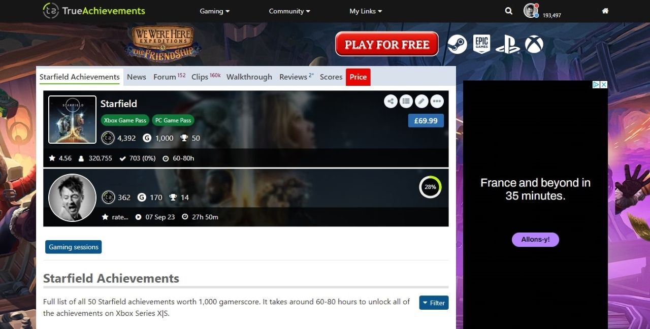 O captură de ecran a paginii contului Xbox de pe site-ul web TrueAchievements