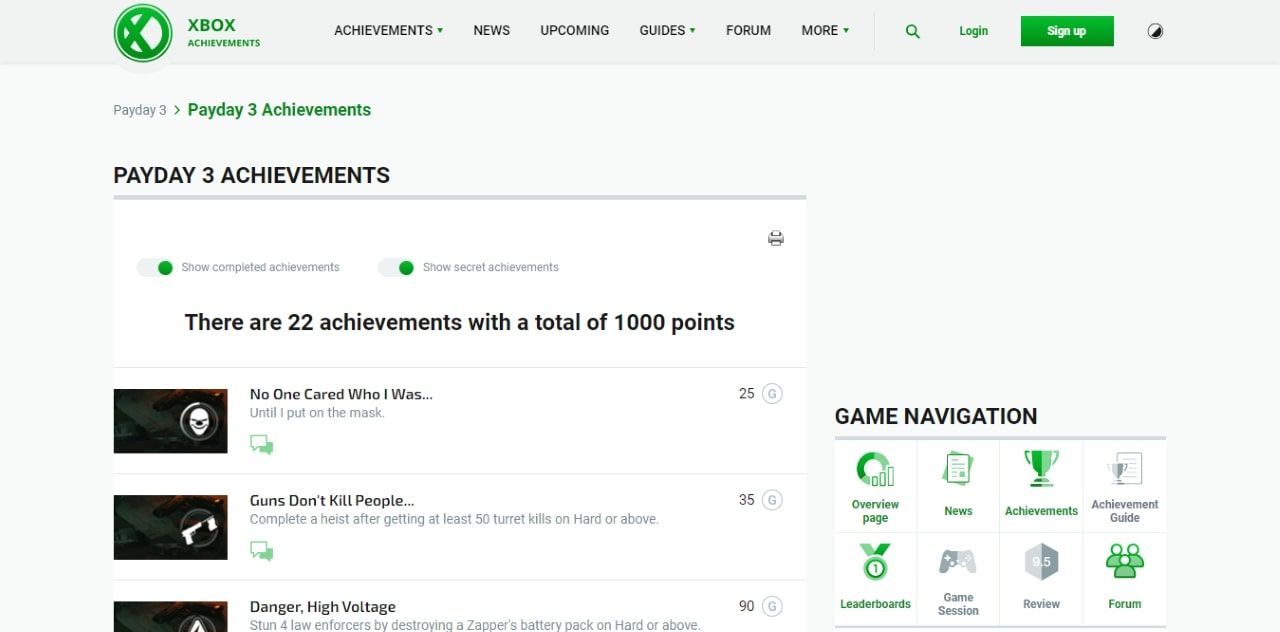 O captură de ecran a ghidurilor pentru realizări pentru Payday 3, disponibile prin Xbox Achievements