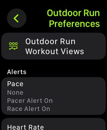 اسکرین شات از Apple Watch Outdoor Run Preferences