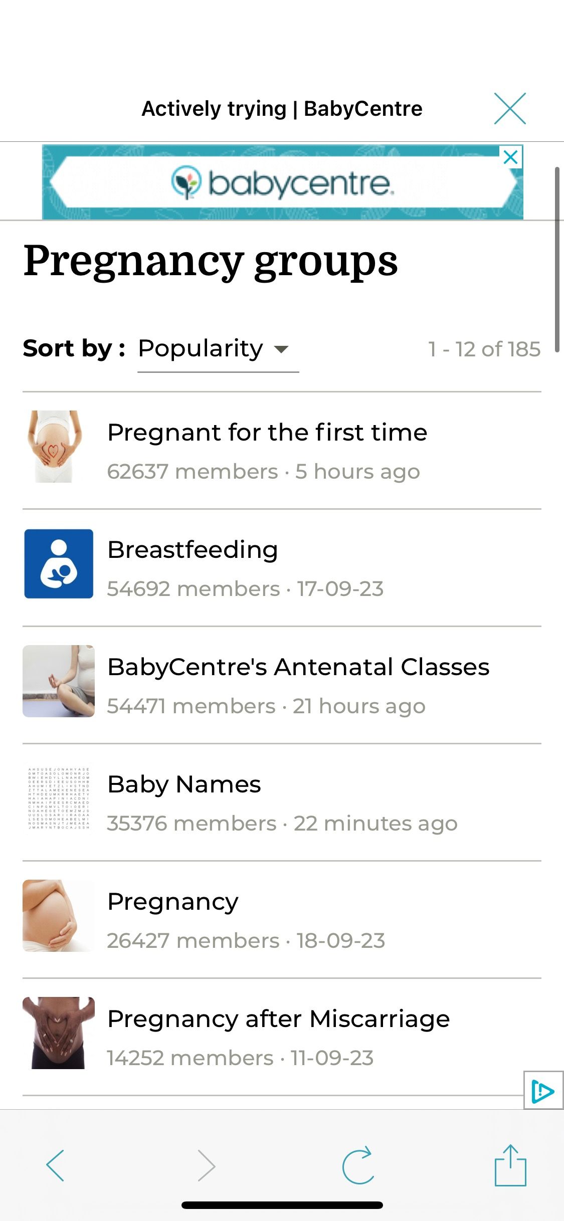 اسکرین شات اپلیکیشن BabyCenter که گروه های بارداری را نشان می دهد